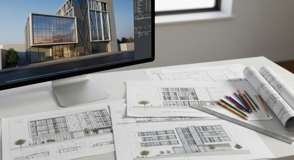 Mimari projelerde animasyon, görselleştirme ve teknik çizimlerle tasarım sürecinin somutlaştırılmasını temsil eden görsel