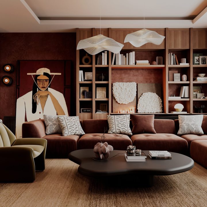 2025 R.S Villa iç mimari projesi – salon genel görünüm, oturma düzeni ve mekânsal denge (KNG Mimarlık)