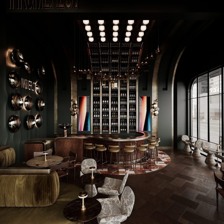 2025 INK & MERLOT Restoran/Bar iç mimari projesi – genel salon görünümü, bar merkezi kurgusu ve aydınlatma düzeni (KNG Mimarlık)