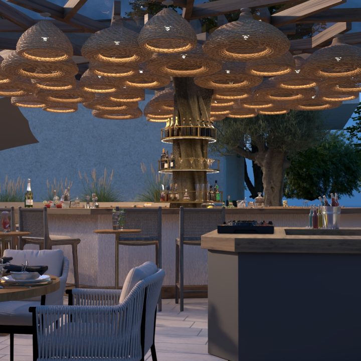 2024 Bodrum Yalıkavak Marina Restoran Projesi – marina ile görsel ilişki, açık alan perspektif görünümü (KNG Mimarlık)