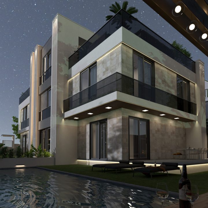 2025 Makedonya Villa Projesi mimari projesi – genel açı, mimari oranlar ve güçlü dış siluet (KNG Mimarlık)