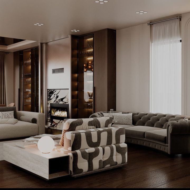 2026 Kasaba Evleri Villa 19 iç mimari projesi – salon perspektif, odak noktası ve aydınlatma katmanları (KNG Mimarlık)